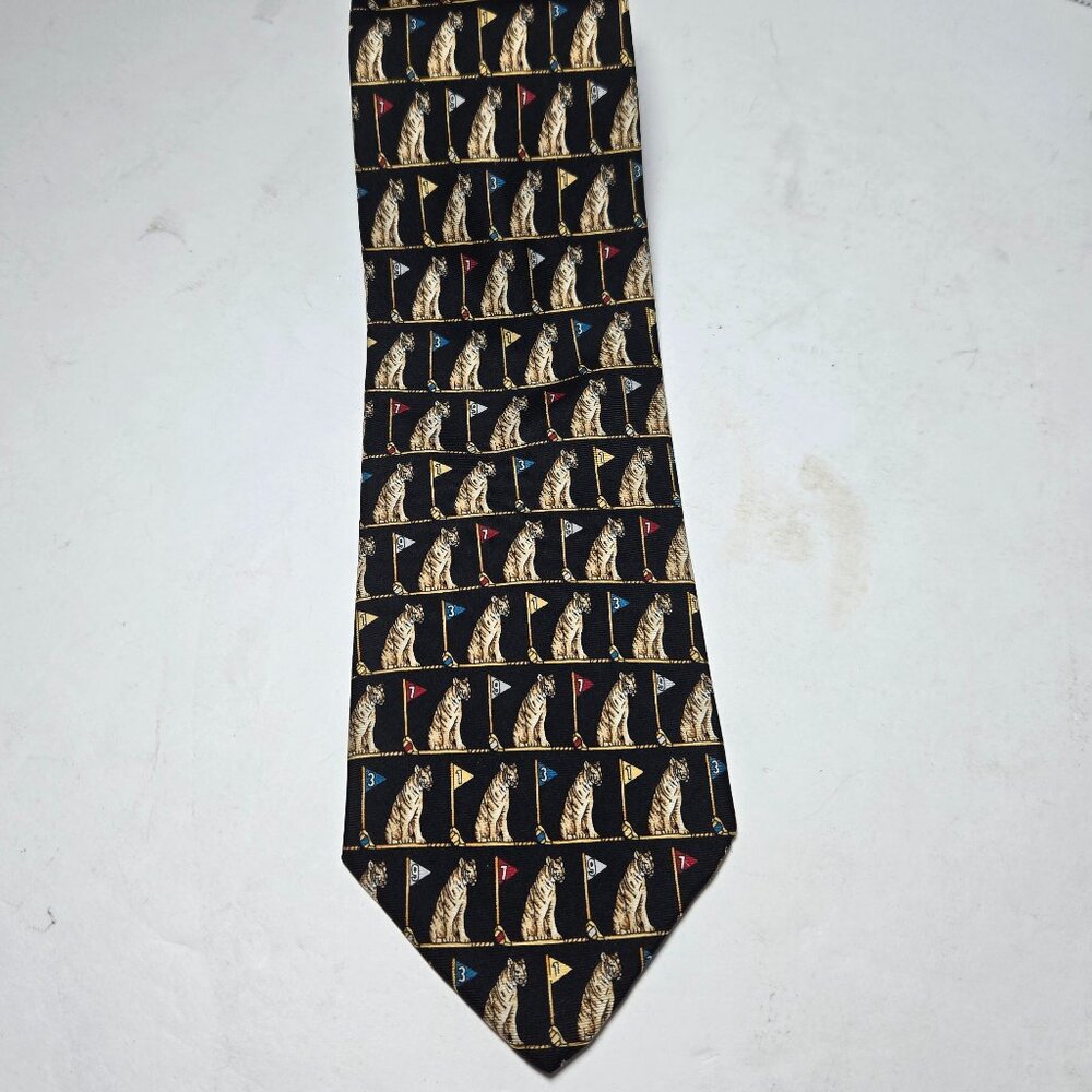 Vintage Brooks Brothers Blue Silk Tie Tigers & Golf Made in USA 3.75" x 57"